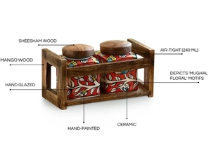 Mughal Cuboidal' Multi-Purpose Storage Jars & Containers In Ceramic With Wooden <b>Holder</b> Set of 2 Hand-Embossed Airtight - Product Image 6