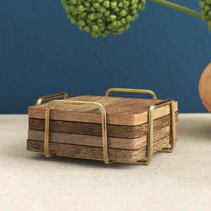 Sous-verres en bois d'acacia naturel avec support en laiton doré, style rond de luxe, écologiques et durables pour table basse et décoration intérieure - Product Image 3
