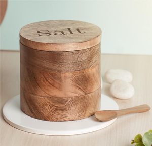 Modern Double-Compartment Bamboo Wood Salt Box with Multi-Compartments Seasoning <b>Jar</b> Spoon for Kitchen Food Storage on Sale - Product Image 6