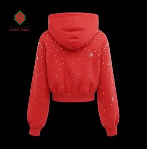 Sweat à capuche court en strass rouge, sweat à capuche zippé brillant, vêtements décontractés élégants pour hommes, vêtements d'hiver respirants, 100% coton uni - Product Image 2
