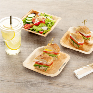 แผ่นปาล์ม Areca แบบย่อยสลายได้9นิ้วแบบกำหนดเองได้ดีไซน์สี่เหลี่ยมปลอดสารพิษธรรมชาติแข็งแรงทนทานสำหรับงานเลี้ยงงานแต่งงาน - Product Image 4