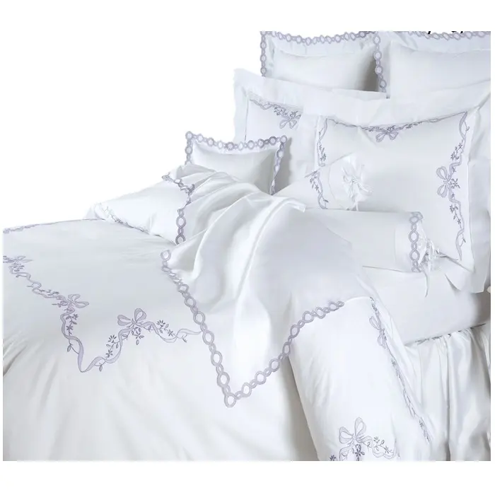 Bordado roxo fita e cadeia edredão capa conjuntos de cama de luxo alta qualidade algodão branco acetinado lençóis para casa