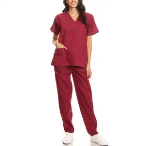 Traje médico con logotipo personalizado de Color rojo para mujer, Top de manga corta para correr, conjuntos de uniformes blancos, uniformes médicos de diseñador al por mayor - Product Image 1