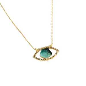 Raw Crystal Emerald May Birthstone Evil Eye Necklace Gold Plated Birthstone Jewelry Healing Crystal Evil Eye Jewelry