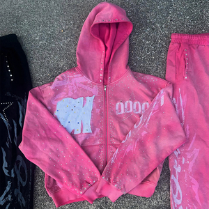 Ensemble de survêtement streetwear personnalisé avec strass, effet délavé à l'acide, coupe ample, fermeture éclair, pantalon de survêtement évasé et sweat-shirts à appliques - Product Image 2