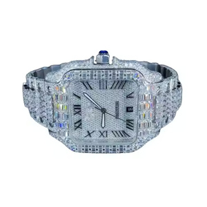 นาฬิกาข้อมือผู้ชายสไตล์ฮิปฮอปสุดหรู หน้าปัดทรงเหลี่ยม คุณภาพสูง ประดับเพชรโมอิสซาไนต์ทรงบาแกตต์ครึ่งหนึ่ง ฝังเพชรเต็มหน้าปัด ขนาด 20 มม. ตัวเรือนสแตนเลส - Product Image 2