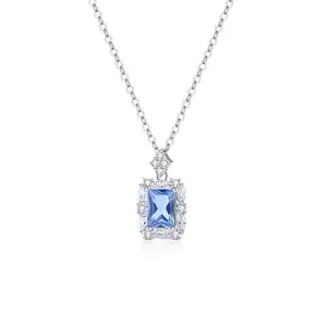 Dainty Princess Style 925 Sterling Silver 2024 Fine Jewelry Blue Zircon Emerald Cut Lab Diamond Necklace For Women