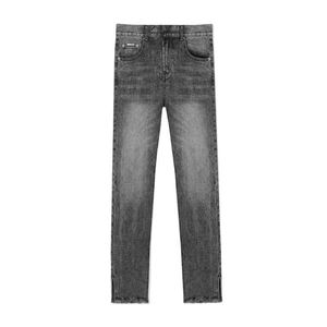 Pantalons en jean denim délavé à la pierre, coupe droite slim, fermeture éclair, tendance masculine, couleur gris foncé - Product Image 1