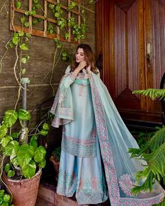 NEW DESIGNER HEAVY ROMAN <b>SILK</b> REVERSIBLE EMBROIDERED <b>KURTA</b> PALAZZO and DUPATTA SET for PARTY FANCY CASUAL ALL SEASONS - Product Image 3