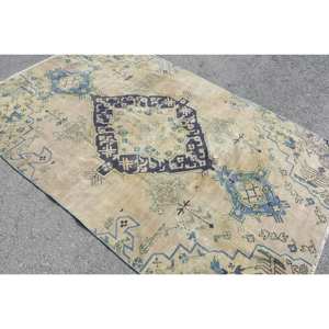 Alfombra turca vintage Beige azul 5,3X8,1 pies clásica área grande lana látex respaldo Rectangular Patchwork para pasillo habitación alfombra - Product Image 4