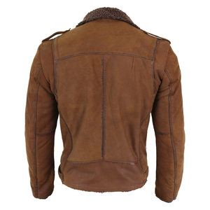 Chaqueta de Motociclista de Cuero Genuino Marrón para Hombre, Forro de Sherpa, Cuello Camisero, Resistente al Viento, Invierno, Estilo Urbano Ecológico - Product Image 6