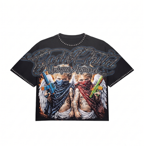 Camiseta 100% algodón para hombre, corte holgado, estampada, talla grande, 260 GSM, algodón premium, corte cuadrado, con gráfico y pedrería. - Product Image 1