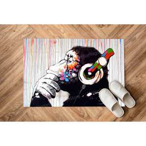 Alfombra Estampada Abstracta - Dj Monkey, Diseño de Mono Pensativo de Banksy, Alfombra de Chenilla - Product Image 1