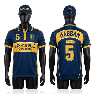 Maillot de polo pour homme en tissu piqué polyester 180 GSM, design à empiècements bleu marine et jaune, respirant, broderie personnalisée, logo par sublimation - Product Image 1