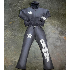 Conjunto de pantalones de chándal acampanados y Sudadera con capucha y cremallera de trabajo con parche bordado lavado ácido personalizado de talla grande para hombre - Product Image 4