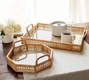 Plateau de service en jute de rotin décoratif fait à la main avec finition en incrustation d'os Ensemble de 3 plateaux de serveur de nourriture de forme arrondie - Product Image 5