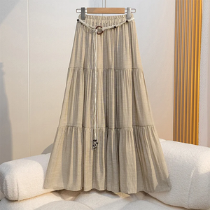 Jupe longue plissée évasée style bohème pour femme, taille élastique, couleur unie, en lin, coton et mousseline, longueur ras du sol, style doux - Product Image 2