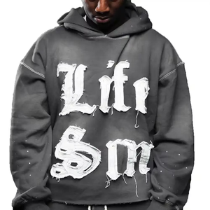 Survêtement personnalisé pour hommes en détresse 500 Gsm sweat à capuche en coton éponge français pantalon de survêtement évasé automne lavage à l'acide fermeture éclair Applique - Product Image 1