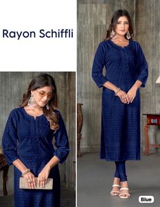 Kurti Anarkali de Rayón Pesado Indio de Primera Calidad, a la Moda, para Mujer, para Bodas y Fiestas, con Trabajo Schiffli, Corte Recto - Product Image 3