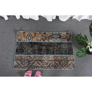 พรมขนสัตว์ลายปะต่อสีน้ำตาลและสีฟ้าแบบคลาสสิก1.9 x 2.8ft สี่เหลี่ยมตุรกีทำด้วยมือสำหรับห้องนั่งเล่นบ้านลาเท็กซ์มีหลัง - Product Image 1