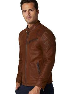 Chaqueta de motorista de cuero marrón con estilo para hombre, camisa estilo cuello y puños, dobladillo abierto, chaqueta de cuero totalmente personalizada para hombre - Product Image 2