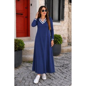 Vestido Largo de Viscosa con Cuello en V y Bolsillos, Manga Larga, Modelo 38551 - Azul Marino - Product Image 2