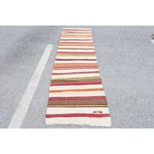Alfombra de yute Kilim turco Vintage de 27X10,3 pies en beige, marrón, diseño de retazos rectangulares con respaldo de látex, para decoración de pasillo o habitación - Product Image 1