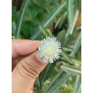 925 Silver Natural <b>Opal</b> Cluster <b>Ring</b> Dainty Geometric Design Oval Cut Stone Rhodium Fine for Everyday Wear Yellow <b>Gold</b> Oval - Product Image 1