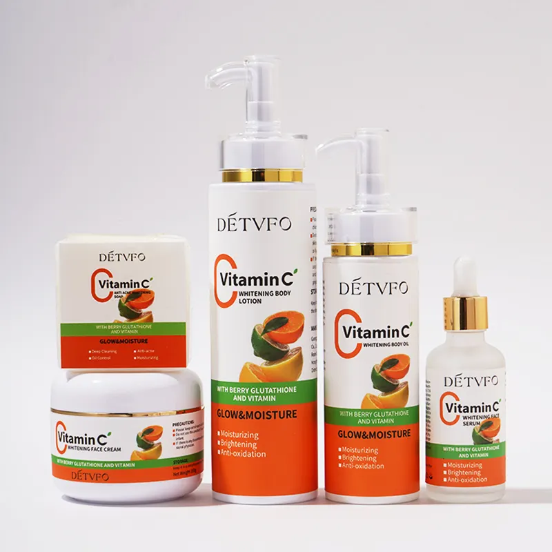 Vitamina c, conjunto de cuidados com a pele, antienvelhecimento, soro clareador, loção corporal, sabonete, óleo facial