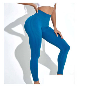 Pantalons de sport pour femmes, couleur unie, taille mi-haute, style leggings de yoga, sans couture, antibactérien, super doux, taille élastique - Product Image 5