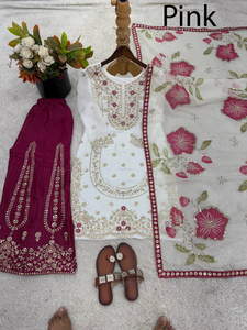 Salwar Kameez Azul con Bordado Floral y Dupatta, Traje Tradicional Indio para Bodas, Corte Regular para Mujer, Midi, Seda Chanderi, Sin Arrugas - Product Image 2