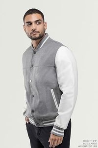 Veste universitaire noire en laine mélangée pour hommes, manches en cuir pour l'hiver, poids standard Letterman Rib Knitting Quilted Front Logo - Product Image 6