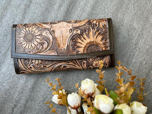Nouvelle mode couverture de selle en cuir usiné à la main sac à main à pompons portefeuille floral en cuir sculpté à la main élégant ensemble combiné pour femmes - Product Image 5