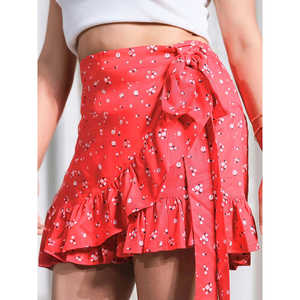 Red Floral Wrap Skort <b>Elastic</b> Waistband Adjustable Side Tie Breathable Fabric High-<b>Waisted</b> Design Layered Ruffles for Casual - Product Image 1