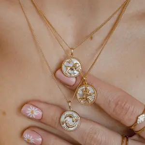Collier de créateur à coquille ronde en acier inoxydable plaqué or 18K, collier pendentif signe du zodiaque pour femmes, bijoux