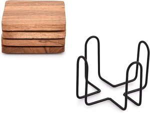 Juego de 4 posavasos cuadrados de madera con soporte de hierro para mesa de comedor Posavasos de barra de madera para mesa de centro/Cocina - Product Image 4
