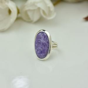 Trending 925 Sterling <b>Silver</b> Oval Cut Charoite Gemstone Rhodium Plated <b>Boho</b> Style Wedding <b>Ring</b> for Women Party Gift - Product Image 4