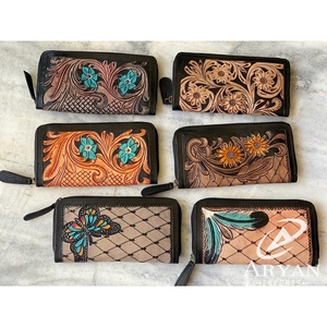 Porte-monnaie sculpté à la main pochette étui de téléphone élégant multi-usages portefeuille en cuir véritable occidental portefeuille à fleurs turquoise pour femmes - Product Image 1