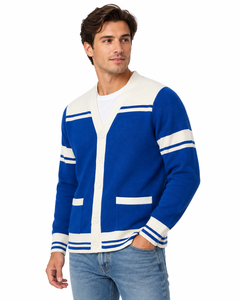 Cardigan en tricot rayé bleu et blanc pour homme avec fermeture boutonnée, manches longues, vêtement d'automne, OEM ODM, logo, marque privée - Product Image 3