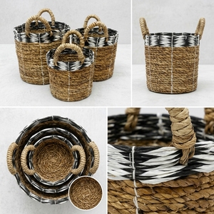 Juego de Cestas de Almacenamiento de Plástico Reciclado con Diseño de Corteza de Plátano Natural, Borde Blanco y Negro, Asa Arqueada, Organizador de Macetas, Diseño Artístico Puro - Product Image 3