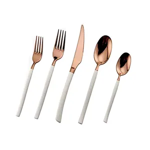 Flatware Set Copper &amp; White <strong>Titanium</strong> and Enamel Coated 5 Piece Set <strong>in</strong> Wholesale <strong>Price</strong> - Product Image 1