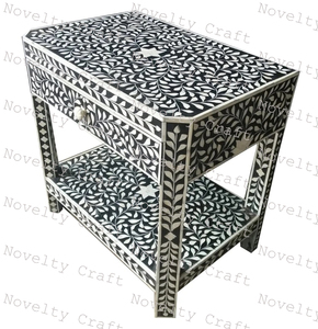 Venta al por mayor de mesita de noche de madera negra con diseño floral hecho a mano incrustaciones de hueso para muebles de sala de estar en la India para el hogar y hoteles - Product Image 4