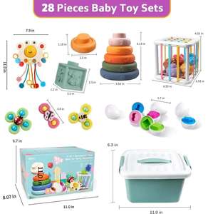 Ensemble de jouets <span class=keywords><strong>Montessori</strong></span> 6 en 1 pour les tout-petits de 1 à 3 ans, jouets de <span class=keywords><strong>dentition</strong></span> pour bébés, blocs d'empilage, anneaux, jouet à tirer, jouet de tri, bac sensoriel - Product Image 6