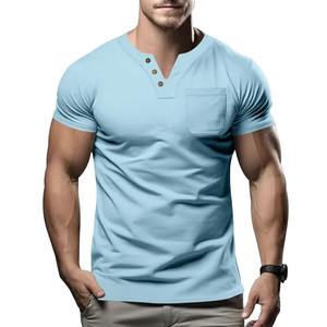 T-shirt décontracté d'été pour homme, tendance mode, sport, coupe slim, couleur unie, col en V, poche, manches courtes - Product Image 5