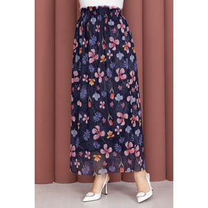 Navy Blue Bohemian Style Floral <b>Elastic</b> Waist Chiffon Tulle <b>Skirt</b> with Print Decoration - Product Image 2