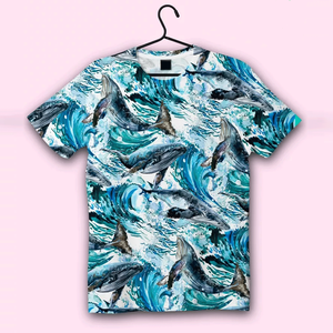 Camiseta de cuello redondo de diseño personalizado, estampado de ballena jorobada sublimada de algodón 100% para fiestas de naturaleza oceánica - Product Image 3