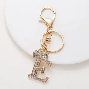 2023 alphabet key chain gold plated initial Alphabet Keychain Crown Rhinestone Letter A-Z KeyChain letter Crown keychain initial