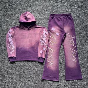 Ensemble de survêtement unisexe grande taille en coton et polyester délavé à l'acide, sweat à capuche et pantalon de jogging décontracté, vêtements de sport écologiques et légers - Product Image 1