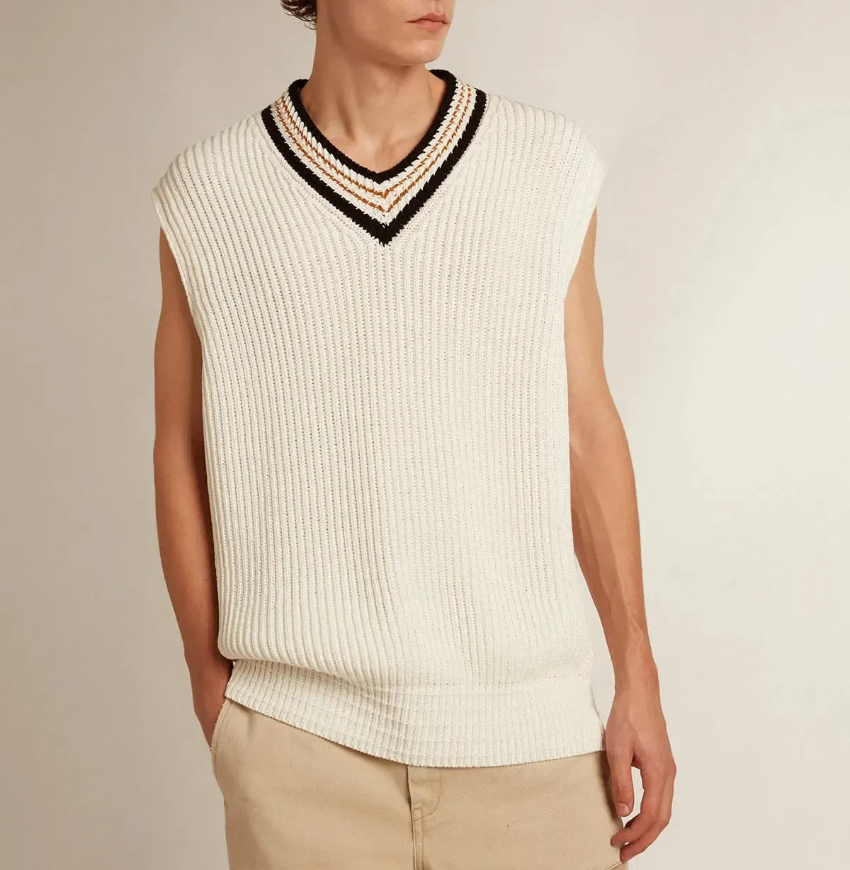Colete solto de malha de moda casual personalizado, blusa de malha sem mangas com gola V, cor sólida de algodão, para homens
