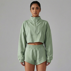 Women's Winter Fitness Sports Gym 2 Piece <b>Long</b> Sleeve Activewear Workout Sweater Short Yoga Set 100% Cotton Fleece - Product Image 4